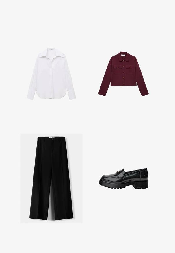 Bordeaux cropped jack met lange mouwen, knopen aan de voorkant, twee borstzakken en goudkleurige knopenaccenten. Glad materiaal en klassiek kraagontwerp.; Witte long-sleeve blouse met een klassieke kraag, relaxte pasvorm, zijsplitten en een soepele textuur gemaakt van lichtgewicht stof.; Zwarte wijde broek van lichtgewicht stof, met een knoopsluiting aan de voorkant en een vlakke achterkant, afgewerkt met keurig gestikte zoom.; Zwarte gepatineerde leren instappers met een chunky zool, voorzien van een decoratieve band en subtiele stikseldetails. Rubberstructuur op de buitenzool.