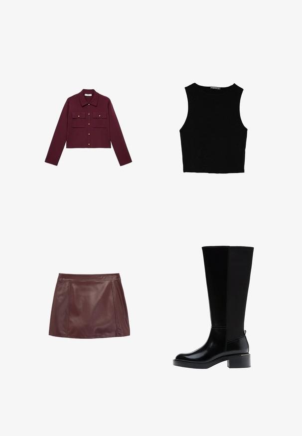 Burgundin värinen lyhythihainen takki, jossa on pitkät hihat, nappikiinnitys, kaksi rintataskua ja kultasävyiset napit. Sileä kangas ja klassinen kaulustyyli.; Musta hihaton crop-top, joka on valmistettu sileästä kankaasta, jossa on pyöreä kaula-aukko ja siisti, yksinkertainen muotoilu ilman kuvioita tai varusteita.; Bordeaux-nahkainen minihame, jossa on sileä pinta, varustettuna muotoillulla vyötärönauhalla ja sivupaneeleilla rakenteellisen muotoilun vuoksi.; Musta polven korkeudelle ulottuva saapas, jossa on sileä nahkapinta, näkyvät saumat, mahtava korko ja teksturoitu takapaneeli lisäyksinä.