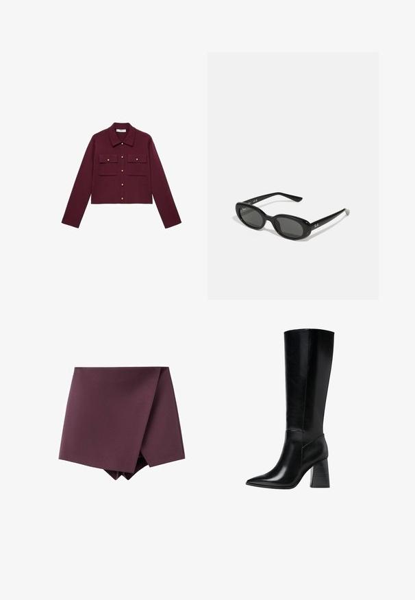 Giacca borgogna cropped con maniche lunghe, chiusura con bottoni anteriori, due tasche sul petto e dettagli in bottoni oro. Tessuto liscio e design del colletto classico.; Polo a maniche corte di un profondo bordeaux, realizzato in tessuto testurizzato, con scollatura a V, tre bottoni e colletto strutturato.; Gonna mini asimmetrica viola scuro con design avvolgente e texture di tessuto liscia.; Stivali neri in pelle al ginocchio con punta affilata, texture liscia e tacco robusto scalanato per stabilità. Design elegante con accentuazioni minime.; Occhiali da sole neri con lenti ovali, montatura in plastica lucida e stecche sottili. Presentano il logo Ray-Ban in bianco sul lato.