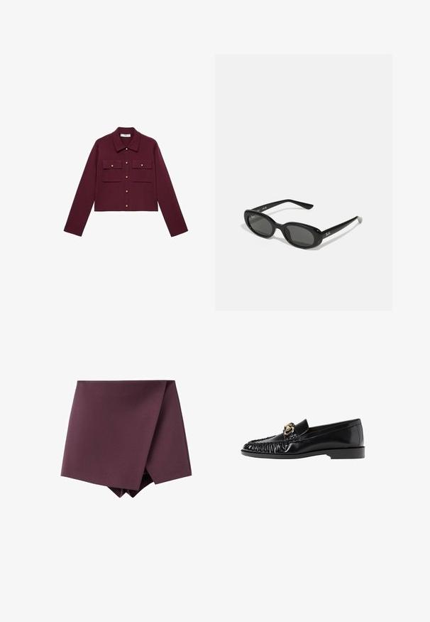 Bordo skrajšan jopič z dolgimi rokavi, sprednjim gumbom, dvema žepoma na prsih in zlatimi gumbnimi detajli. Gladko blago in klasična oblika ovratnika.; Kratka majica s kratkimi rokavi, temno burgundske barve, izdelana iz teksturirane tkanine, z V-izrezom, tremi gumbi in oblikovanim ovratnikom.; Temno vijolična asimetrična mini krila z oblikovanjem z ovitkom in gladko teksturo tkanine.; Črne usnjene loafers čevlje z zaobljenim nosom, nabranim teksturami in zlatimi dodatki. Ravna peta in gladka površina.; Črne sončne očala z ovalnimi lečami, sijajnim plastičnim okvirjem in tankimi ročaji. Na strani se nahaja belo logotip Ray-Ban.