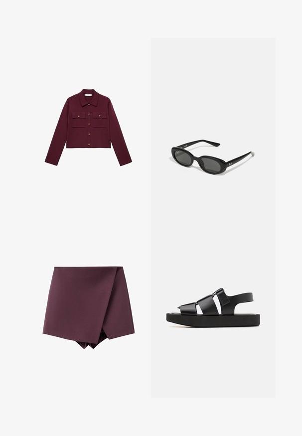 Bordo skrajšan jopič z dolgimi rokavi, sprednjim gumbom, dvema žepoma na prsih in zlatimi gumbnimi detajli. Gladko blago in klasična oblika ovratnika.; Kratka majica s kratkimi rokavi, temno burgundske barve, izdelana iz teksturirane tkanine, z V-izrezom, tremi gumbi in oblikovanim ovratnikom.; Temno vijolična asimetrična mini krila z oblikovanjem z ovitkom in gladko teksturo tkanine.; By Malene Birger KLEVA - Sandali s platformo - black; Črne sončne očala z ovalnimi lečami, sijajnim plastičnim okvirjem in tankimi ročaji. Na strani se nahaja belo logotip Ray-Ban.; Črna usnjena torbica z zlatim okovjem, ki se ponaša s prepoznavnim zapiralom, odstranljivim ramenskim trakom in teksturirano površino.