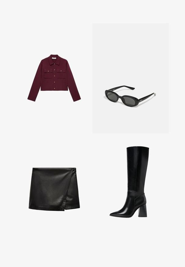 Bordová skrátená bunda s dlhými rukávmi, zapínaním na gombíky, dvoma prsiami vreckami a zlatými gombíkovými akcentmi. Hladká látka a klasický golier.; Polo tričko s krátkym rukávom v hlbokej burgundskej farbe, vyrobené z textúrovanej látky, s výstrihom do V, troma gombíkmi a prestavaným golierom.; Čierna kožená mini sukňa s prekrývacím dizajnom, s hladkou textúrou a minimalistickým štýlom. Bez viditeľného hardvéru alebo vzorov.; Čierne kožené boty po kolená s špicatou špičkou, hladkou textúrou a hrubým, drážkovaným podpätkom pre stabilitu. Elegantný dizajn s minimálnymi akcentmi.; Čierne slnečné okuliare s oválnymi šošovkami, lesklý plastový rám a štíhle ramienka. Na boku majú biele logo Ray-Ban.; Čierna kožená kabelka s akcentmi zlatého hardvéru, s podpisovým zapínaním, odnímateľným ramenným popruhom a štruktúrovaným povrchom.