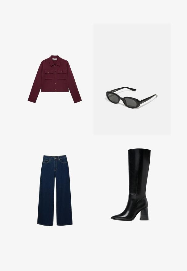 Burgundská zkrácená bunda s dlouhými rukávy, předním zapínáním na knoflíky, dvěma kapsami na hrudi a akcenty ve zlatém tónu. Hladká látka a klasický design límce.; Kratší rukáv, tmavě burgundská polo košile vyrobená z texturované látky, s V výstřihem, třemi knoflíky a pevným límcem.; Široké tmavě modré džíny vyrobené z denimu, s vysokým pasem, kontrastním prošíváním, předními kapsami a zapínáním na knoflík a zip.; Černé kožené boty po kolena s špičatou špičkou, hladkým povrchem a robustním vroubkovaným podpatkem pro stabilitu. Elegantní design s minimálními akcenty.; Černé sluneční brýle s oválnými objektivy, lesklý plastový rám a štíhlé nožičky. Na boku se nachází bílé logo Ray-Ban.