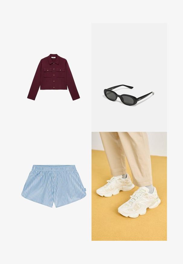 Burgundy cropped jacket with long sleeves, button front, two chest pockets, and gold-tone button accents. Smooth fabric and classic collar design.; Short-sleeve, deep burgundy polo shirt made of textured fabric, featuring a V-neck, three buttons, and a constructed collar.; Blue and white striped shorts with an elastic waistband, two buttons on the front, and a relaxed fit. Fabric appears smooth with a lightweight texture.; White athletic sneakers with a textured upper featuring subtle patterns, rounded shape, and cushioned sole, paired with beige trousers.; Black sunglasses with oval lenses, glossy plastic frame, and slender arms. Features Ray-Ban logo in white on the side.; Black leather handbag with a gold hardware accent, featuring a signature clasp, a detachable shoulder strap, and textured surface.