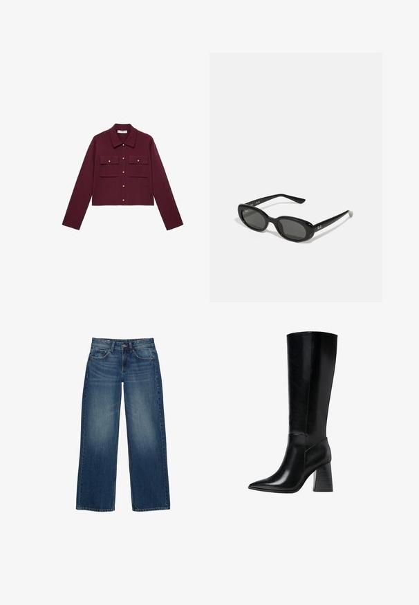 Burgundowa kurtka typu cropped z długimi rękawami, zapinana na guziki, z dwoma kieszeniami na piersi i złotymi akcentami guzików. Gładki materiał i klasyczny fason kołnierza.; Koszulka polo z krótkim rękawem w głębokim burgundowym kolorze, wykonana z teksturowanej tkaniny, z dekoltem w kształcie litery V, trzema guzikami oraz usztywnionym kołnierzykiem.; Szerokie niebieskie dżinsy o spranym odcieniu, z pięcioma kieszeniami i kontrastowym przeszyciem. Zapinane na guzik i zamek błyskawiczny.; Czarne skórzane botki do kolan z wąskim noskiem, gładką teksturą oraz masywnym, żłobionym obcasem dla stabilności. Elegancki design z minimalnymi akcentami.; Czarne okulary przeciwsłoneczne z owalnymi soczewkami, błyszcząca plastikowa oprawa i smukłe zauszniki. Posiadają białe logo Ray-Ban po boku.