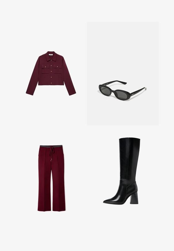 Burgunderfarbenes kurz geschnittenes Jackett mit langen Ärmeln, Knopfverschluss, zwei Brusttaschen und goldenem Knopf-Akzenten. Glattes Material und klassisches Kragen-Design.; Kurzärmliges, tiefburgunderfarbendes Poloshirt aus strukturiertem Stoff, mit V-Ausschnitt, drei Knöpfen und einem verstärkten Kragen.; Burgunderfarbene weite Hosen mit einem Kordelzugbund, ausgestattet mit zwei Fronttaschen und vertikalen Falten für zusätzliche Struktur und Textur.; Knöchelhohe schwarze Lederstiefel mit spitzem Schuhkopf, glatter Textur und einem stabilen, profilierten Blockabsatz. Schlankes Design mit minimalen Akzenten.; Schwarze Sonnenbrille mit ovalen Gläsern, glänzendem Kunststoffrahmen und schlanken Bügeln. Mit Ray-Ban-Logo in Weiß an der Seite.