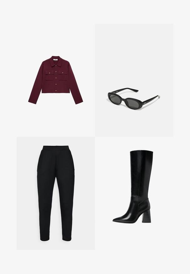 Burgundy cropped jacket with long sleeves, button front, two chest pockets, and gold-tone button accents. Smooth fabric and classic collar design.; Short-sleeve, deep burgundy polo shirt made of textured fabric, featuring a V-neck, three buttons, and a constructed collar.; Black tapered pants with an elastic waistband, featuring side pockets and a smooth, soft texture. Suitable for casual or active wear.; Knee-high black leather boots with a pointed toe, smooth texture, and a chunky ridged heel for stability. Sleek design with minimal accents.; Black sunglasses with oval lenses, glossy plastic frame, and slender arms. Features Ray-Ban logo in white on the side.