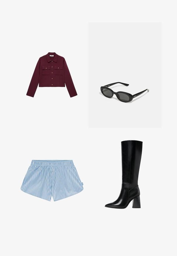 Bordová skrátená bunda s dlhými rukávmi, zapínaním na gombíky, dvoma prsiami vreckami a zlatými gombíkovými akcentmi. Hladká látka a klasický golier.; Polo tričko s krátkym rukávom v hlbokej burgundskej farbe, vyrobené z textúrovanej látky, s výstrihom do V, troma gombíkmi a prestavaným golierom.; Modré a biele pruhované kraťasy s elastickým pásom, dvoma gombíkmi vpredu a voľnejším strihom. Tkanina pôsobí hladko s ľahkou textúrou.; Čierne kožené boty po kolená s špicatou špičkou, hladkou textúrou a hrubým, drážkovaným podpätkom pre stabilitu. Elegantný dizajn s minimálnymi akcentmi.; Čierne slnečné okuliare s oválnymi šošovkami, lesklý plastový rám a štíhle ramienka. Na boku majú biele logo Ray-Ban.
