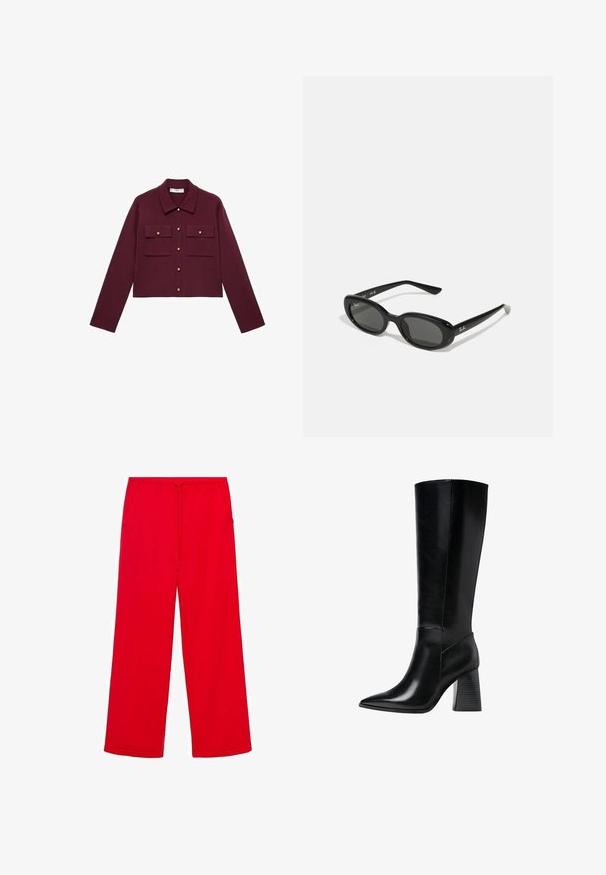 Giacca borgogna cropped con maniche lunghe, chiusura con bottoni anteriori, due tasche sul petto e dettagli in bottoni oro. Tessuto liscio e design del colletto classico.; Polo a maniche corte di un profondo bordeaux, realizzato in tessuto testurizzato, con scollatura a V, tre bottoni e colletto strutturato.; Pantaloni sportivi larghi rossi realizzati in tessuto morbido, con vita elastica e cordino regolabile, dotati di due tasche laterali per maggiore comodità.; Stivali neri in pelle al ginocchio con punta affilata, texture liscia e tacco robusto scalanato per stabilità. Design elegante con accentuazioni minime.; Occhiali da sole neri con lenti ovali, montatura in plastica lucida e stecche sottili. Presentano il logo Ray-Ban in bianco sul lato.