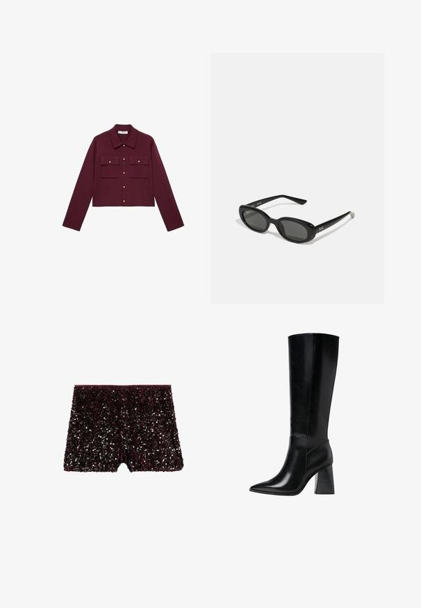 Giacca borgogna cropped con maniche lunghe, chiusura con bottoni anteriori, due tasche sul petto e dettagli in bottoni oro. Tessuto liscio e design del colletto classico.; Polo a maniche corte di un profondo bordeaux, realizzato in tessuto testurizzato, con scollatura a V, tre bottoni e colletto strutturato.; Pantaloni corti bordeaux con design aderente, completamente ricoperti di paillettes nere e argentate, con vita elastica.; Stivali neri in pelle al ginocchio con punta affilata, texture liscia e tacco robusto scalanato per stabilità. Design elegante con accentuazioni minime.; Occhiali da sole neri con lenti ovali, montatura in plastica lucida e stecche sottili. Presentano il logo Ray-Ban in bianco sul lato.