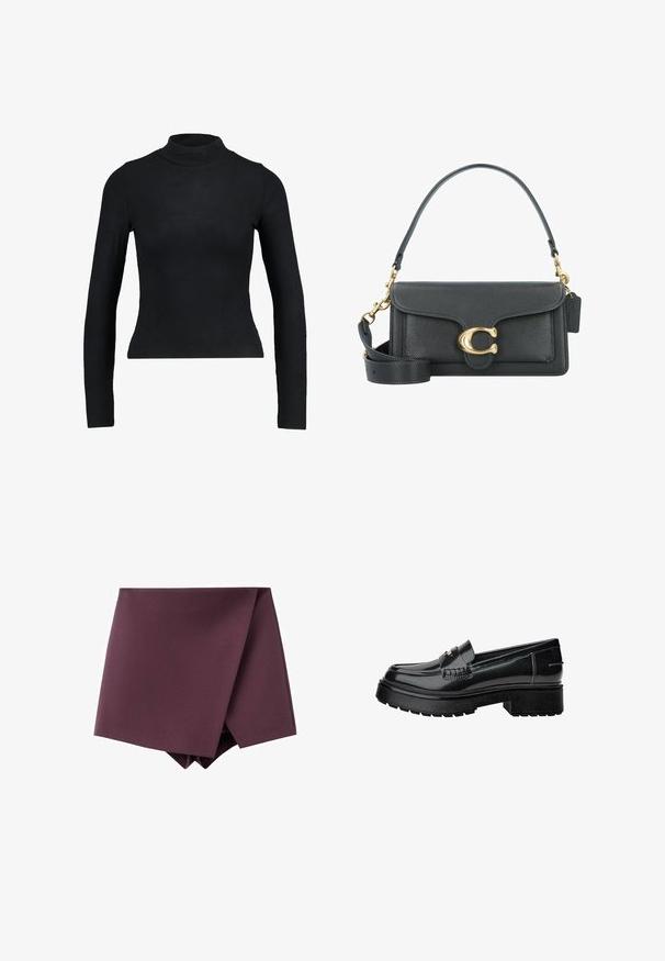 Bordeaux cropped jakke med lange ærmer, knaplukning foran, to brystlommer og guldfarvede knapdetaljer. Glat stof og klassisk kravedesign.; Sort langærmet turtleneck top lavet af ribbet stof, med en tætsiddende design og slank silhuet. Ingen mønstre eller detaljer.; Mørk lilla asymmetrisk miniskørt med et wrap front design og en glat stoftekstur.; Sorte patenterede lædersko med en robust sål, der har en dekorativ rem og diskrete syninger. Gummitekstur på ydersålen.; Sorte læderhåndtaske med et gyldent hardware-udstyr, der har en signaturlås, en aftagelig skulderrem og en tekstureret overflade.