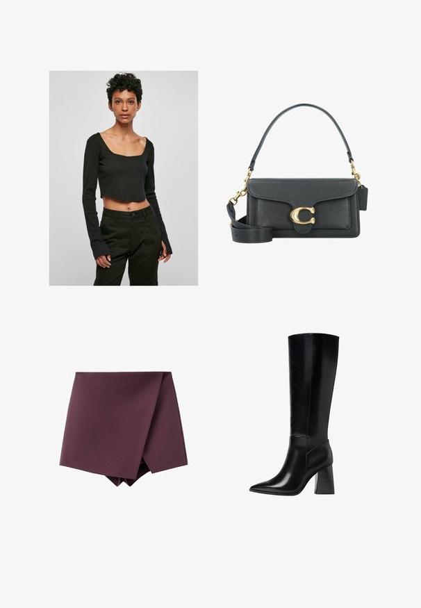 Bordeaux cropped jakke med lange ærmer, knaplukning foran, to brystlommer og guldfarvede knapdetaljer. Glat stof og klassisk kravedesign.; Sorte, cropped langærmet top med firkantetudskæring og tætsiddende design. Stoffet er glat, og ærmerne har let udvidede ender.; Mørk lilla asymmetrisk miniskørt med et wrap front design og en glat stoftekstur.; Knæhøje sorte læderstøvler med spids tå, glat tekstur og en chunky rillede hæl for stabilitet. Elegant design med minimale accenter.; Sorte læderhåndtaske med et gyldent hardware-udstyr, der har en signaturlås, en aftagelig skulderrem og en tekstureret overflade.