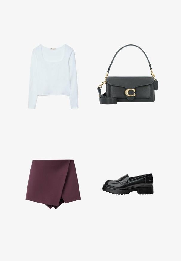 Burgundská zkrácená bunda s dlouhými rukávy, předním zapínáním na knoflíky, dvěma kapsami na hrudi a akcenty ve zlatém tónu. Hladká látka a klasický design límce.; Bílý, dlouhý rukáv, zkrácený top s čtvercovým výstřihem a hladkým textilním materiálem. Žádné viditelné vzory ani kovové detaily.; Tmavě fialová asymetrická mini sukně s designem překrývání a hladkým povrchem.; Černé lakované kožené mokasíny s masivní podrážkou, zdobené páskem a jemným švem. Gumová textura na podrážce.; Černá kožená kabelka se zlatým kováním, s podpisovým zapínáním, odnímatelným ramenním popruhem a texturovaným povrchem.
