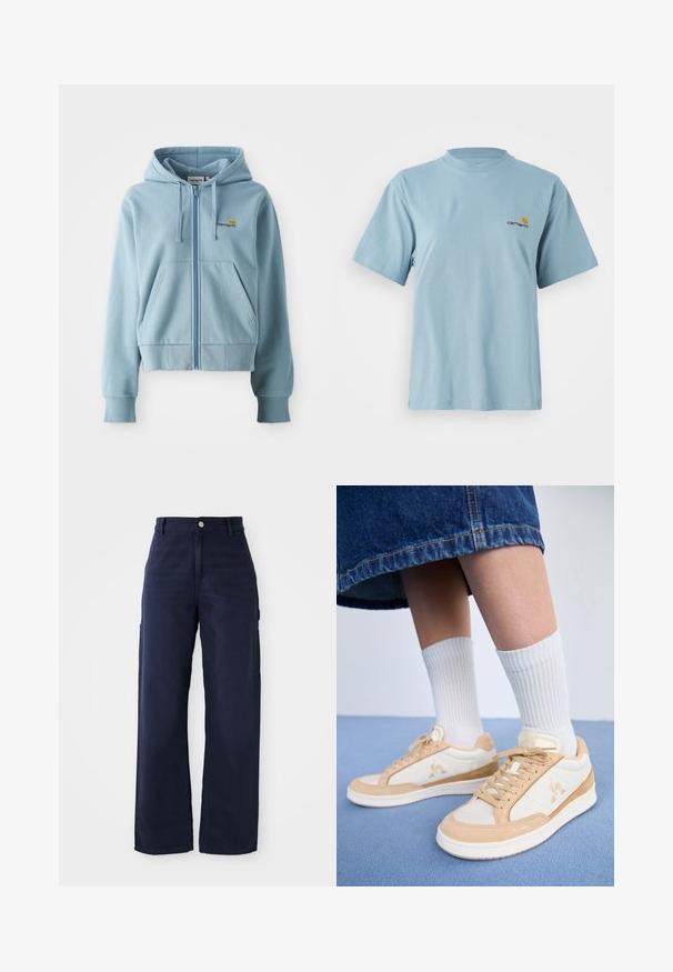 Világoskék, zipzáros kapucnis pulóver, puha anyagból készült, zsinóros kapucnival, kenguru zsebekkel és hímzett logóval a mellkason.; Világoskék, rövid ujjú pamut póló kerek nyakkal és apró sárga és piros Carhartt logóval a bal mellen.; Tengerészkék, bővebb, cargo stílusú nadrág strapabíró pamutból, oldalsó zsebekkel és gombos derékmegoldással.; Beige és krémszínű sportcipők, velúr és bőr anyagból. A tervezéshez logó tartozik az oldalon és fűzők.