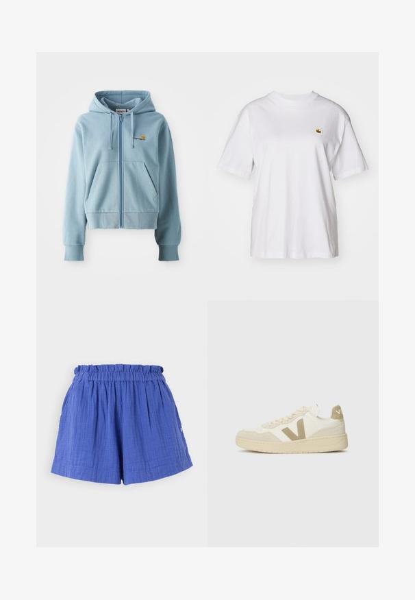 Lichtblauwe rits hoodie gemaakt van zachte stof, met een capuchon met trekkoord, kangoeroezakken en een geborduurd logo op de borst.; Witte katoenen t-shirt met een relaxte pasvorm, korte mouwen en een klein geborduurd logo op de linkerborst.; Blauwe katoenen shorts met een gerimpelde tailleband en zijzakken, met een gestructureerde stof en een ontspannen pasvorm.; Sneakers met een crème bovenwerk, beige suède accenten en een gestructureerde rubberen zool. Beschikt over een gedurfde 'V'-logo en vetersluiting.