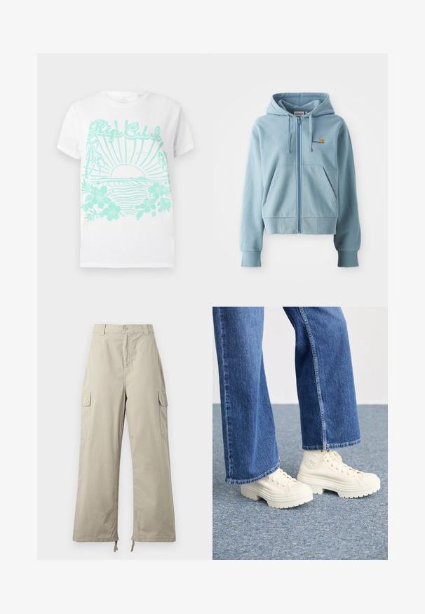 Felpa con zip di colore azzurro, realizzata in tessuto morbido, con cappuccio regolabile, tasche a marsupio e logo ricamato sul petto.; T-shirt bianca a maniche corte con stampa turchese di un sole che tramonta su onde oceaniche, palme, fiori di ibisco e il testo "Rip Curl".; Pantaloni cargo beige chiaro con una vestibilità rilassata, dotati di chiusura con bottone, tasche laterali e orlo regolabile con lacci. Tessuto con una consistenza liscia.; Sneaker alta bianche con suole spesse e rigate e dettaglio del logo circolare, indossate con jeans di denim azzurro chiaro a gamba larga.