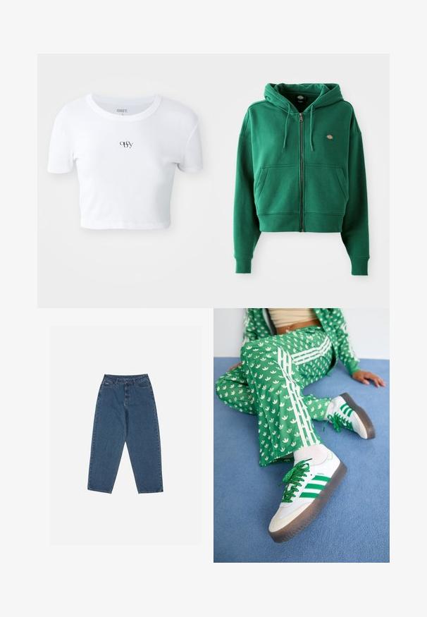 Zelená mikina na zips s prednými vreckami, s nastaviteľnou kapucňou, rebrovanými manžetami a lemom, a malým logom na ľavej hrudi.; Biely krátky rukáv crop top vyrobený z rebrovaného materiálu. Obsahuje decentné čierne logo umiestnené v strede hrude, okrúhly výstrih a priliehavý strih.; Modré džínsy s uvoľneným strihom, vysokým pásom, dizajnom s piatimi vreckami a kontrastným prešívaním. Obsahujú zapínanie na gombík a zips.; Zelený vzorovaný teplákový komplet s bielymi kvetinovými vzormi a bielymi pruhmi, doplnený bielymi teniskami so zelenými pruhmi a trblietavými šnúrkami.