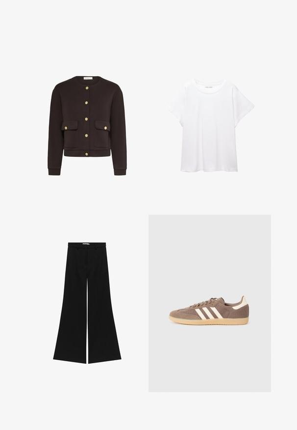 Bruine cropped jas van zachte stof, met een ronde halslijn, gouden drukknopen en twee voorzakken met kleppen.; Witte T-shirt van zacht, lichtgewicht stof. Heeft een ronde halslijn en korte, brede mouwen met een ontspannen pasvorm. Geen zichtbare patronen.; Zwarte wijde broek met een op maat gemaakte tailleband, schuine voorkzakken en een gladde textuur. Kenmerkt zich door een strakke, minimalistische uitstraling.; Bruine textielsneakers met drie witte strepen, suède en gaastextuur, rubberen zool, laag profiel ontwerp en subtiele accenten op de hiel.
