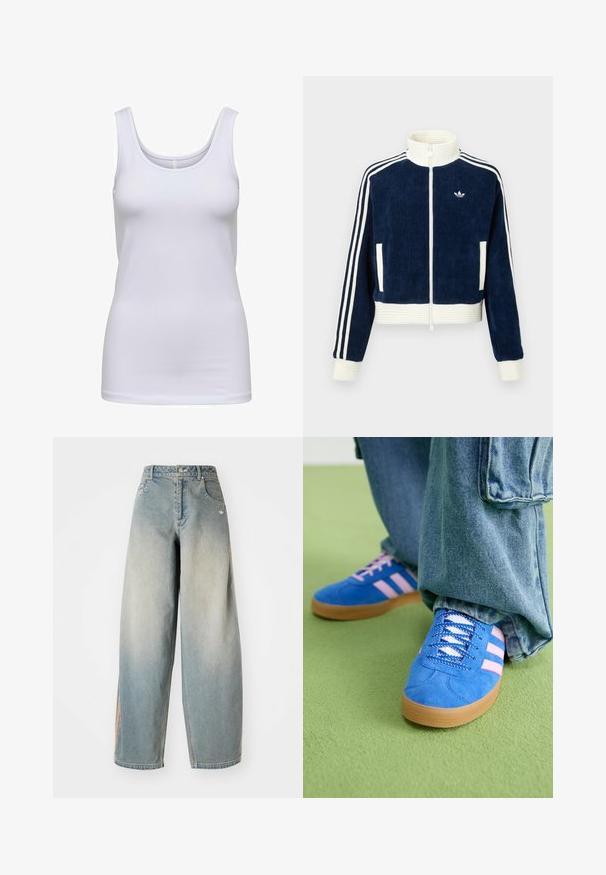 Navy corduroy zip-up jacket with white ribbed collar and cuffs. Three white stripes on sleeves and small logo on the chest. Two front pockets.; White tank top, made of soft fabric, features a scoop neckline, slim fit, and no visible patterns or accents.; Light blue denim wide-leg jeans with a faded finish. Features front pockets, a button closure, and a subtle logo on the waistband.; Blue suede shoes with pink stripes and white laces, featuring a gum rubber sole, paired with loose denim pants on a green surface.