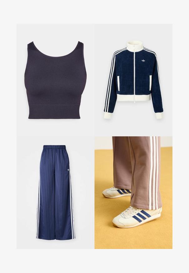 Mørkeblå kordfløyelsjakke med glidelås, hvit ribbestrikket krage og mansjetter. Tre hvite striper på ermene og en liten logo på brystet. To frontlommer.; Mørk lilla sport-bh laget av ribbet stoff, med rund halslinje og en tettsittende, cropped design. Glatt tekstur uten synlig maskinvare.; Mørkeblå vide bukser med vertikale hvite striper, elastisk midje og tre hvite striper langs hver side, laget av et lett materiale.; Kremfargede sneakers med blå semsket skinnstriper, hvite snørebånd og gummisåle. Kombinert med grå joggebukser med hvite sidestriper.