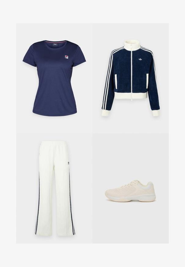 Navy corduroy zip-up jacket with white ribbed collar and cuffs. Three white stripes on sleeves and small logo on the chest. Two front pockets.; Navy blue short-sleeve t-shirt made of smooth fabric, featuring a small Fila logo on the left chest. Round neckline and classic fit.; Light cream, cable-knit pants with a flared design. Features dark blue side stripes and an Adidas logo on the hip. Elastic waistband.; Light beige athletic shoe with a textured upper, contrasting white accents, a round toe, and a flexible rubber sole.