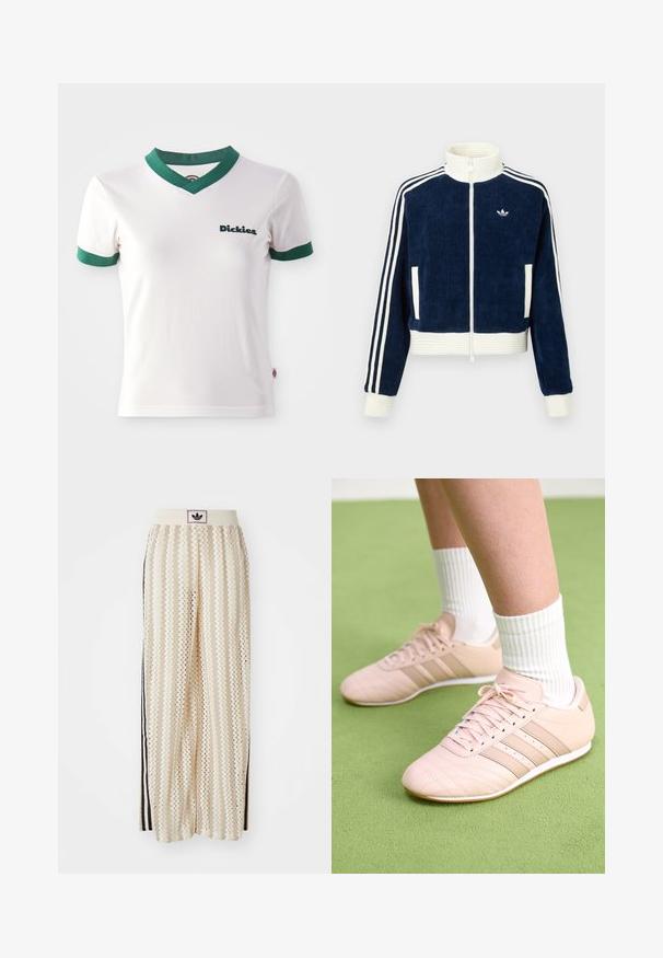 Navy corduroy zip-up jacket with white ribbed collar and cuffs. Three white stripes on sleeves and small logo on the chest. Two front pockets.; White short-sleeve t-shirt with green V-neck and sleeve trims; features "Dickies" logo in dark green on the left chest. Smooth cotton texture.; Cream-colored wide-leg pants with a zigzag pattern, featuring a black logo waistband and side black stripes. Lightweight, textured fabric.; Light pink athletic shoes with diagonal stitching, white soles, and three lateral stripes. Worn with ribbed white socks on green surface.