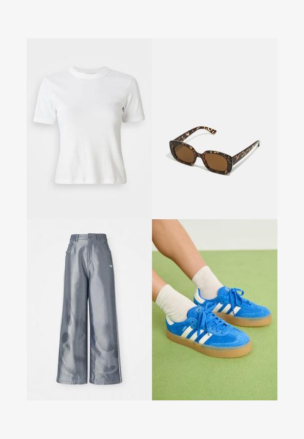 Jūrinės spalvos švarkas su užtrauktuku, pagamintas iš veliūro, su baltu raišteliu apykakle ir rankovėmis. Ant rankovių trys baltos juostelės ir mažas logotipas ant krūtinės. Du priekiniai kišeniai.; Balta juostuota trumpomis rankovėmis marškinėliai su apvalia iškirpte ir maža logo ant krūtinės. Pagaminti iš minkštos medžiagos su prigludusiu dizainu.; Plačios kelnės iš blizgaus pilko medžiagos, su baltomis šoninėmis juostelėmis ir liepsnos raštu apatinėje dalyje. Mygtuko ir užtrauktuko uždarymas juosmens srityje.; Mėlyni zomšiniai sportbačiai su baltais dryžiais, guminiu padu, apvaliu pirštu ir audiniais raišteliais. Derinami su kremine spalvos kojinėmis ant žaliavos.; Kare klasikinės saulės akinių rėmeliai su apvalia, didesne forma ir rudais objektyvais. Yra subtilių raštų ir tiesių, siaurėjančių šonų.