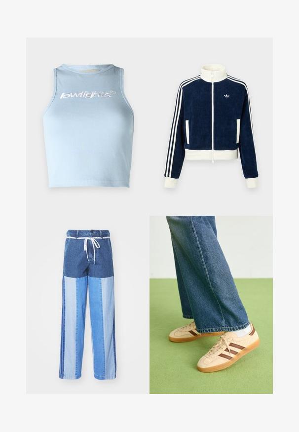 Mørkeblå kordfløyelsjakke med glidelås, hvit ribbestrikket krage og mansjetter. Tre hvite striper på ermene og en liten logo på brystet. To frontlommer.; Lys blå ribbet crop-top med rund hals og uten ermer. Har hvit brodert tekst på forsiden.; Blå denimbukser med et lapperedesign i forskjellige nyanser av blått, snor i livet og løse, rette ben.; Beige joggesko med teksturerte kremfargede paneler og brune striper, parret med blå denimjeans. Jeansene har vid ben og frynsete kant.