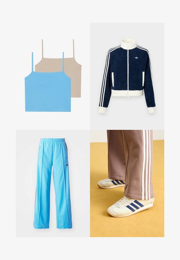 Marineblaues Cord-Jacke mit Reißverschluss, weißem Rippkragen und -bündchen. Drei weiße Streifen an den Ärmeln und kleines Logo auf der Brust. Zwei Vordertaschen.; Even&Odd 2 PACK - Top - azure blue/simply taupe; Hellblaue Sporthose mit elastischem Bund, seitlichen Reißverschlüssen und schwarzen seitlichen Akzenten. Weicher Stoff mit schnittlosem, weit geschnittenem Design.; Cremfarbene Sneaker mit blauen Wildlederstreifen, weißen Schnürsenkeln und einer Gummisohle. Kombiniert mit grauen Jogginghosen mit weißen Seitenstreifen.