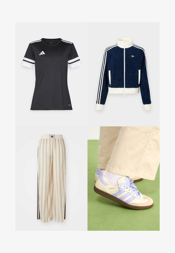 Tengeri kék kordbársony zipzáras dzseki fehér bordás gallérral és mandzsettákkal. Három fehér csík a leveleken és egy kis logó a mellrészen. Két elülső zseb.; Fekete sportpóló fehér díszítéssel és három vízszintes csíkkal az ujjakon. Nedvességet elvezető anyagból készült, sportolásra tervezve.; Krém színű, széles szárú nadrág zigzag mintával, fekete logós derékrésszel és fekete oldalsávokkal. Könnyű, texturált anyag.; Krém és levendula színű sportcipők három csíkkal és texturált barna talppal, fűzőkkel és párnázott sarokkal. Puha anyagú felsőrész.