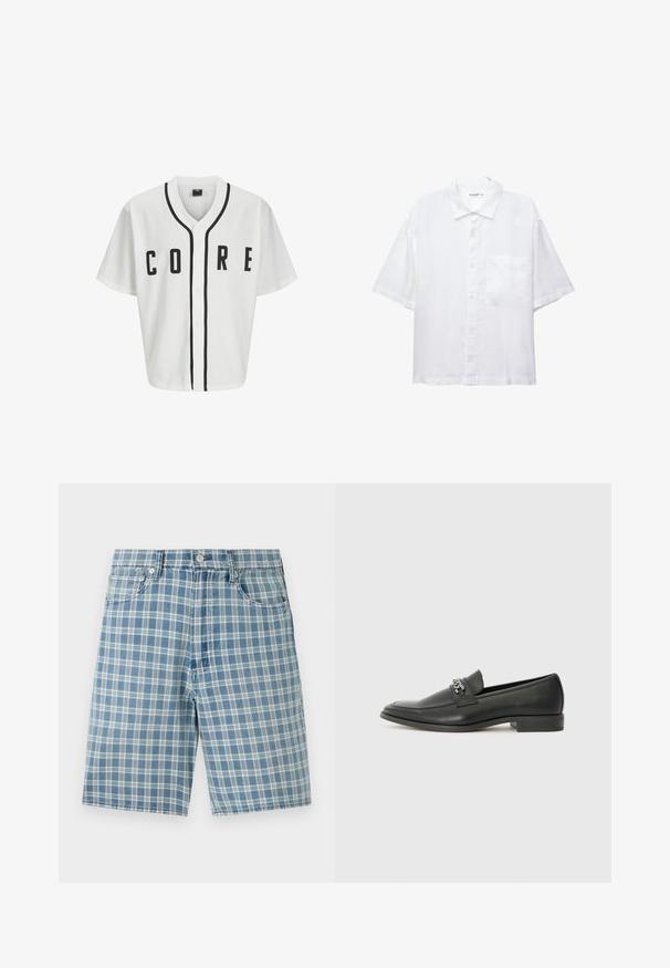 Bijela majica u bejzbol stilu s kratkim rukavima, crnim prednjim dugmadima i istaknutim crnim natpisom "CORE". Ima crne akcentne trake oko ovratnika.; Bijela košulja kratkih rukava s kopčanjem sprijeda, ovratnikom i jednim džepom na prsima. Izrađena je od lagane tkanine s glatkom teksturom.; Svijetloplave karirane hlače kratkog kroja od mješavine pamuka, s dizajnom s pet džepova, zatvaranjem na gumb i opuštenim fitom. Tekstura je glatka i mekana.; Crna kožna loafer cipela s glatkom finišem, s ušivenim uzorkom i dekorativnim metalnim lancem preko prednjeg dijela. Ravni potplat.