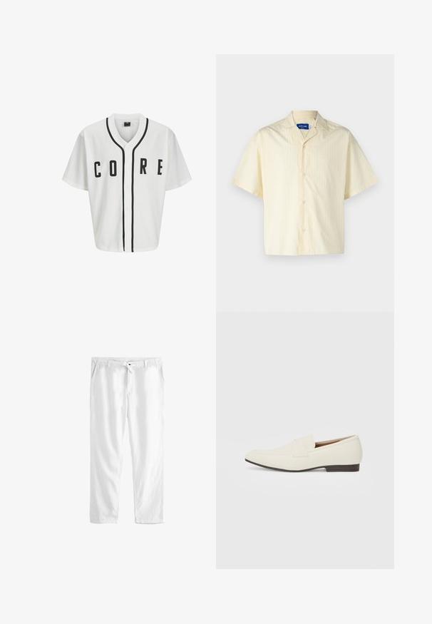 White baseball-style jersey with short sleeves, black front buttons, and bold "CORE" lettering in black. Features black accent trim along the collar.; Jack & Jones JORBOXY SHIRT - Shirt - antique white; White linen trousers with a drawstring waist, two side pockets, and a loose fit. Smooth texture and straight leg design.; Light beige loafers with a pointed toe, smooth material, a strap across the vamp, and a low brown sole. Simple design with minimal accents.