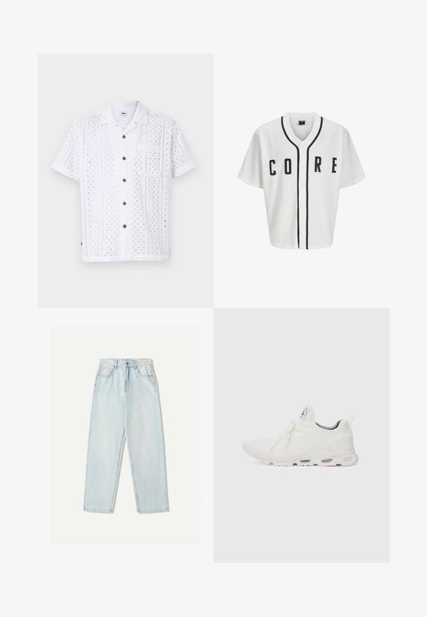 Bela bejzbolska majica s kratkimi rokavi, črni sprednji gumbi in poudarjeno besedilo "CORE" v črni barvi. Ima črne obrobe okrog ovratnika.; Bela kratka majica s kratkimi rokavi z izrezljanimi cvetličnimi vzorci, z gumbi spredaj, žepom na prsih in rjavimi gumbi. Narejena iz lahkotnega materiala.; Svjetloplave traperice s ležernim krojem, ravnim nogavicama, dizajnom s pet džepova i suptilnim izblijedjenjem na tkanini.; Bela atletska obuća z značilnom pletenom gornjom stranom, ravnim vezicama i podlogom s jastučićem koja ima vidljive zračne komore za dodatnu potporu.