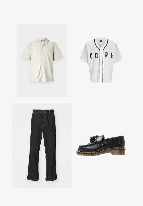 Biała koszulka baseballowa z krótkimi rękawami, czarnymi guzikami z przodu i wyraźnym napisem "CORE" w czerni. Posiada czarne akcenty wzdłuż kołnierza.; Koszula z krótkim rękawem, jasnobeżowa, na guziki, z kołnierzykiem o spiczastym kształcie, żebrowaną fakturą i pięcioma okrągłymi guzikami z przodu.; Czarne dżinsy o luźnym kroju, z kontrastującymi białymi szwami, z zapięciem na guzik i prostą nogawką.; Czarne skórzane mokasyny o teksturowanym wykończeniu, z dekoracyjnym frędzlem i kontrastującym żółtym przeszyciem, na solidnej, przezroczystej podeszwie.