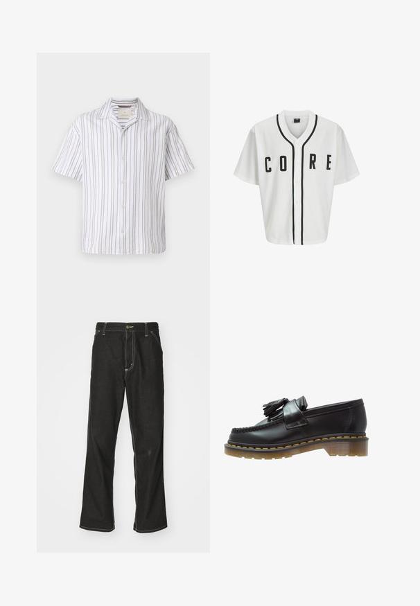 Witte honkbalstijl trui met korte mouwen, zwarte voorknopjes en gedurfde "CORE" letters in het zwart. Beschikt over zwarte accenten langs de kraag.; Korte mouwen shirt gemaakt van lichte stof, met verticale witte en beige strepen, een kraag en een knoopsluiting aan de voorkant.; Witte katoenen T-shirt met lange mouwen en ronde hals, met een klein geel en bordeaux logo op de linkerborst. Naadloze manchetten en zoom.; Zwarte denim jeans met een losse pasvorm, voorzien van contrasterende witte stiksels, een knoopsluiting en een recht ontwerp.; Zwarte leren instappers met een gestructureerde afwerking, voorzien van een decoratieve kwast en contrasterende gele stiksels, op een chunky, transparante zool.