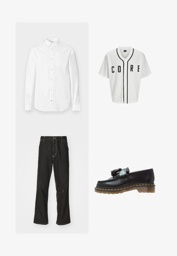 Bílý baseballový dres s krátkými rukávy, černými předními knoflíky a výrazným nápisem "CORE" v černé barvě. Obsahuje černé akcenty podél límce.; Bílá bavlněná košile s dlouhým rukávem. Má límeček na knoflíky, přední kapsu a jemnou texturu. Rovný spodní lem s knoflíkovým zapínáním.; Černé denimové džíny s volným střihem, s kontrastním bílým prošíváním, zapínáním na knoflík a rovnými nohavicemi.; Černé kožené mokasíny s texturovaným povrchem, zdobené dekorativním třásněm a kontrastním žlutým prošíváním, na robustní průhledné podrážce.