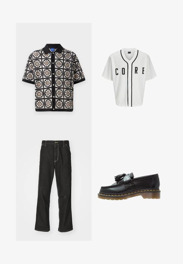 Maglietta in stile baseball bianca con maniche corte, bottoni neri sul davanti e scritta "CORE" in nero in evidenza. Presenta rifiniture in nero lungo il colletto.; Maglietta nera a maniche corte con intricati motivi floreali all'uncinetto bianchi e beige, dotata di chiusura con bottoni e colletto piatto.; Jeans in denim nero con una vestibilità ampia, caratterizzati da cuciture bianche a contrasto, chiusura a bottone e un design a gamba dritta.; Mocassini in pelle nera con finitura testurizzata, caratterizzati da un pon-pon decorativo e cuciture gialle a contrasto, su una suola spessa e trasparente.