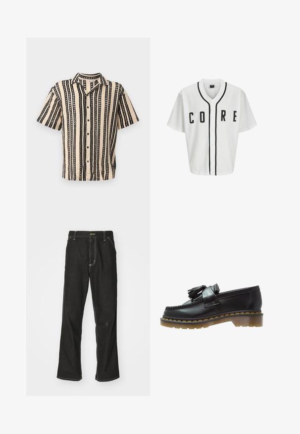 Hvid baseball-stil trøje med korte ærmer, sorte frontknapper og fed "CORE" skrift i sort. Har sorte accentstriber langs kraven.; Kortærmet skjorte i beige med sorte lodrette striber og strukturerede mønstre. Har en klippet krave og knaplukning foran.; Langærmet hvid bomulds T-shirt med rund hals, prydet med et lille gult og burgunder logo på venstre bryst. Uden sømme ved ærmerne og kanten.; Sorte denimjeans med løs pasform, der har kontrasterende hvid syning, en knaplukning og et lige ben-design.; Sorte læder loafers med en tekstureret overflade, der har en dekorativ kvast og kontrasterende gul syning, på en chunky, transparent sål.