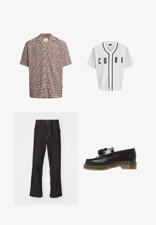 Biała koszulka baseballowa z krótkimi rękawami, czarnymi guzikami z przodu i wyraźnym napisem "CORE" w czerni. Posiada czarne akcenty wzdłuż kołnierza.; Redefined Rebel REMY brązowy; Biała bawełniana koszulka z długim rękawem i okrągłym dekoltem, z małym żółtym i bordowym logo po lewej stronie klatki piersiowej. Bezszwowe mankiety i dół.; Czarne dżinsy o luźnym kroju, z kontrastującymi białymi szwami, z zapięciem na guzik i prostą nogawką.; Czarne skórzane mokasyny o teksturowanym wykończeniu, z dekoracyjnym frędzlem i kontrastującym żółtym przeszyciem, na solidnej, przezroczystej podeszwie.