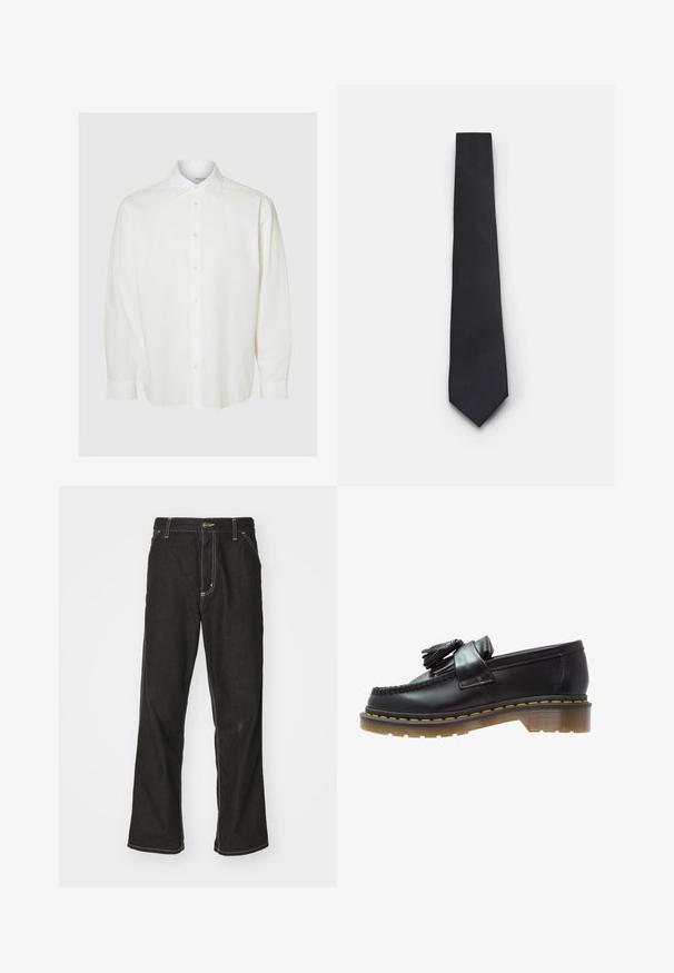 Bílý baseballový dres s krátkými rukávy, černými předními knoflíky a výrazným nápisem "CORE" v černé barvě. Obsahuje černé akcenty podél límce.; Bílá košile s dlouhým rukávem vyrobená z texturované látky, s límcem na knoflíky a předním zapínáním na světlé knoflíky. Přiléhavý střih.; Černé denimové džíny s volným střihem, s kontrastním bílým prošíváním, zapínáním na knoflík a rovnými nohavicemi.; Černé kožené mokasíny s texturovaným povrchem, zdobené dekorativním třásněm a kontrastním žlutým prošíváním, na robustní průhledné podrážce.; Úzká černá kravata s texturovaným, diagonálním žebrováním. Má špičatý konec a hladký povrch. Vhodná pro formální nošení.