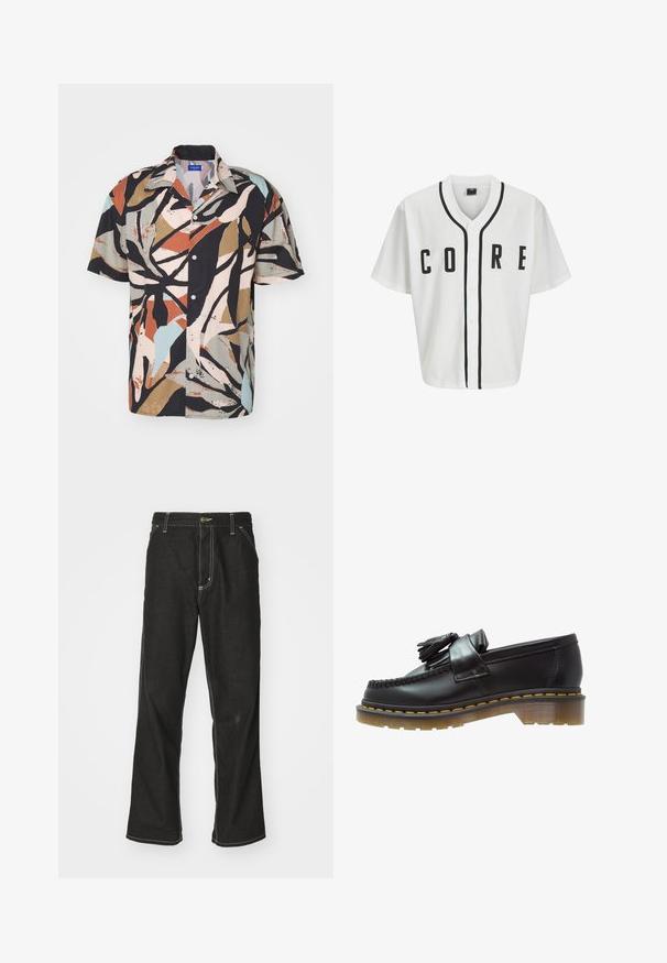 Biała koszulka baseballowa z krótkimi rękawami, czarnymi guzikami z przodu i wyraźnym napisem "CORE" w czerni. Posiada czarne akcenty wzdłuż kołnierza.; Koszula z krótkim rękawem zapinana na guziki, z wielokolorowym abstrakcyjnym wzorem liści na czarnym tle, wykonana z lekkiego materiału o luźnym kroju.; Biała bawełniana koszulka z długim rękawem i okrągłym dekoltem, z małym żółtym i bordowym logo po lewej stronie klatki piersiowej. Bezszwowe mankiety i dół.; Czarne dżinsy o luźnym kroju, z kontrastującymi białymi szwami, z zapięciem na guzik i prostą nogawką.; Czarne skórzane mokasyny o teksturowanym wykończeniu, z dekoracyjnym frędzlem i kontrastującym żółtym przeszyciem, na solidnej, przezroczystej podeszwie.
