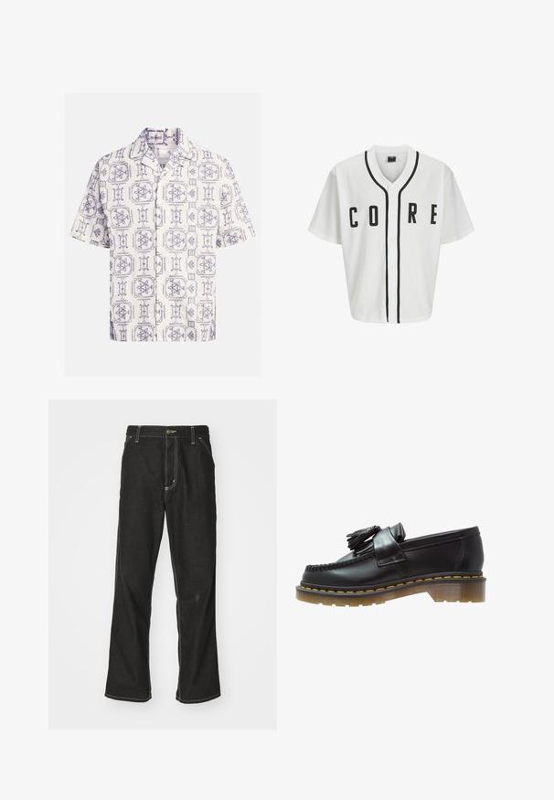 Valge pesapallistiilis särk lühikeste varrukatega, mustad esih raamitud nupud ja julged "CORE" mustades tähtedes. Kaeluse äärtel on must aktsent trimmi.; Kreemja ja meresinine lühikeste varrukatega särk, millel on üle kogu pinna lille- ja geomeetrilised kujundid, notšitud kraega ning esipainutatud nööbid.; Pika, valgest puuvillast t-särgist pikkade varrukatega, ringkaelusega, vasakul rinnal on väike kollane ja burgundia logo. Ühendamata varrukasäärte ja alläärega.; Mustadest denimist püksid, lahtise lõikega, kontrastsete valgete õmblustega, nööbiga kinnitamine ja sirge säär.; Mustad nahast loojakad tekstureeritud viimistlusega, kaunistatud dekoratiivsete tupsudega ja kontrastset kollastniiti, paksel läbipaistval tallal.