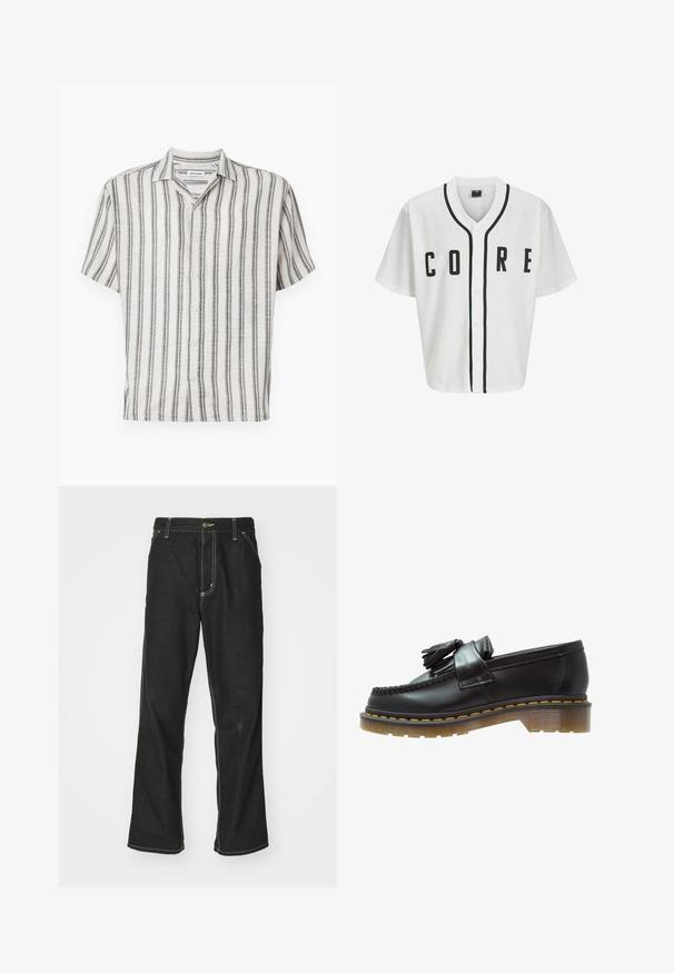 Valge pesapallistiilis särk lühikeste varrukatega, mustad esih raamitud nupud ja julged "CORE" mustades tähtedes. Kaeluse äärtel on must aktsent trimmi.; Lühikese varrukaga nupuga särk kreemias värvitoonis, millel on vertikaalsed mustad triibud. Särgil on krae ja viis nuppu ees. Tekstuuriga kangas.; Mustadest denimist püksid, lahtise lõikega, kontrastsete valgete õmblustega, nööbiga kinnitamine ja sirge säär.; Mustad nahast loojakad tekstureeritud viimistlusega, kaunistatud dekoratiivsete tupsudega ja kontrastset kollastniiti, paksel läbipaistval tallal.