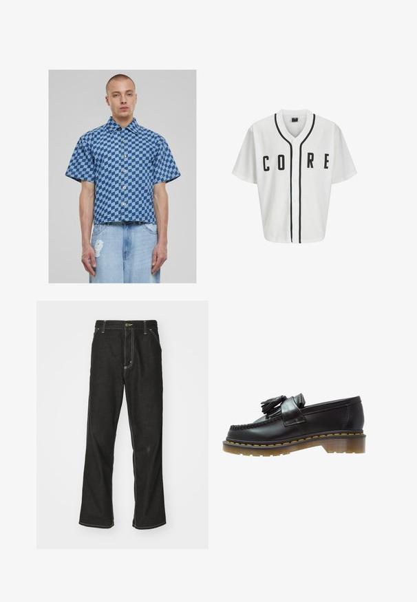 Balta beisbola stila krekls ar īsām piedurknēm, melniem priekšējiem pogām un izteiksmīgu melnu "CORE" uzrakstu. Iezīmē melnu akcentu apdari ap kaklu.; Kapitāna piedurkņu krekls zilā pārbaudītā rakstā, denim materiāls, ar pogām priekšā un īsu, kvadrātveida piegriezumu. Apakšā ir vecinātu džinsu bikses.; Gari garām piedurknēm balts kokvilnas T-krekls ar apaļu kakla izgriezumu, ar nelielu dzeltenu un bordo logotipu kreisajā krūtī. Bezšuvju aproces un apakšmala.; Melni džinsi ar brīvu piegriezumu, ar kontrastējošu baltu diegu, pogu aizdari un taisnu kāju dizainu.; Melni ādas loafers ar teksturētu apdari, ar dekoratīvu pušķi un kontrastējošām dzeltenām šuvēm, uz masīvas caurspīdīgas zoles.