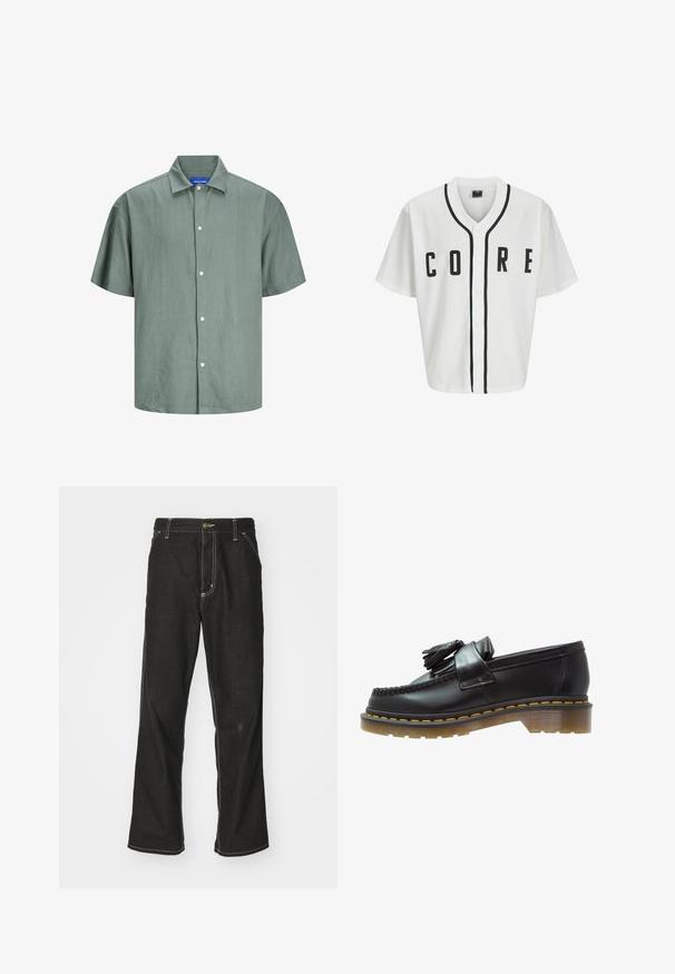 Hvid baseball-stil trøje med korte ærmer, sorte frontknapper og fed "CORE" skrift i sort. Har sorte accentstriber langs kraven.; Kortærmet grøn skjorte med knapper lavet af letvægtsstof. Har en klassisk krave og hvide knapper foran. Uformel design.; Langærmet hvid bomulds T-shirt med rund hals, prydet med et lille gult og burgunder logo på venstre bryst. Uden sømme ved ærmerne og kanten.; Sorte denimjeans med løs pasform, der har kontrasterende hvid syning, en knaplukning og et lige ben-design.; Sorte læder loafers med en tekstureret overflade, der har en dekorativ kvast og kontrasterende gul syning, på en chunky, transparent sål.