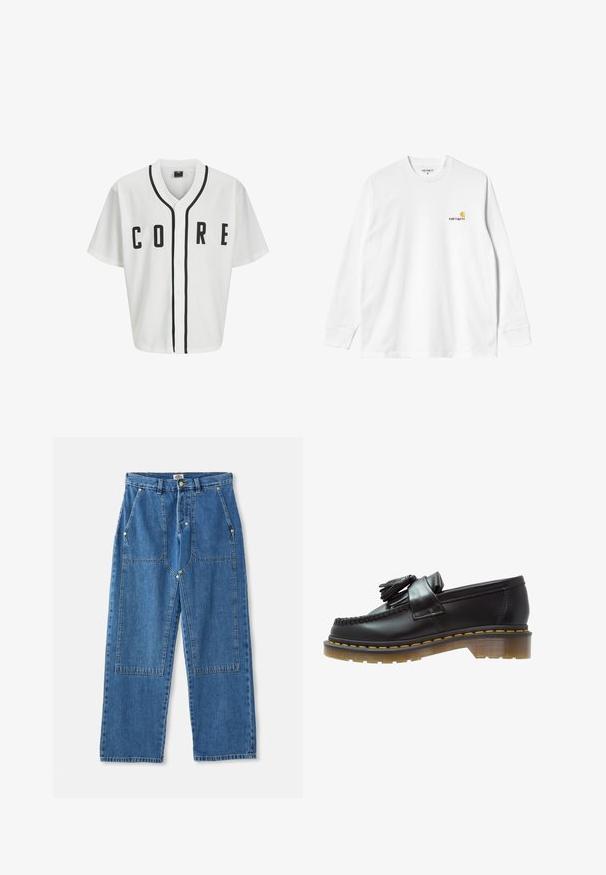 Biała koszulka baseballowa z krótkimi rękawami, czarnymi guzikami z przodu i wyraźnym napisem "CORE" w czerni. Posiada czarne akcenty wzdłuż kołnierza.; Biała bawełniana koszulka z długim rękawem i okrągłym dekoltem, z małym żółtym i bordowym logo po lewej stronie klatki piersiowej. Bezszwowe mankiety i dół.; Niebieskie dżinsowe spodnie o szerokich nogawkach charakteryzują się wysokim stanem, dużymi kieszeniami z przodu oraz charakterystycznym wzorem patchworkowym z widocznymi szwami i metalowymi elementami.; Czarne skórzane mokasyny o teksturowanym wykończeniu, z dekoracyjnym frędzlem i kontrastującym żółtym przeszyciem, na solidnej, przezroczystej podeszwie.