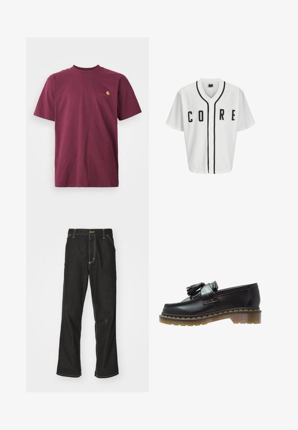 Balta beisbolo stiliaus marškinėliai trumpomis rankovėmis, juodais priekiais mygtukais ir ryškiu juodu užrašu "CORE". Kolaras puošia juoda akcentinė apdaila.; Bordo medvilnės marškinėliai su trumpomis rankovėmis ir apvaliu iškerpimu. Išskirtinai su auksiniu siuvinėtų logotipu ant krūtinės. Paprastas dizainas.; Juodi džinsai su laisvu siluetu, turintys kontrastingas balto siūlo siūles, mygtuko uždarymą ir tiesų kojos dizainą.; Juodai odiniai loaferiai su tekstūruotu paviršiumi, dekoruoti dekoratyvinėmis kutais ir kontrastingomis geltonomis siūlėmis, ant masyvaus, skaidraus pado.