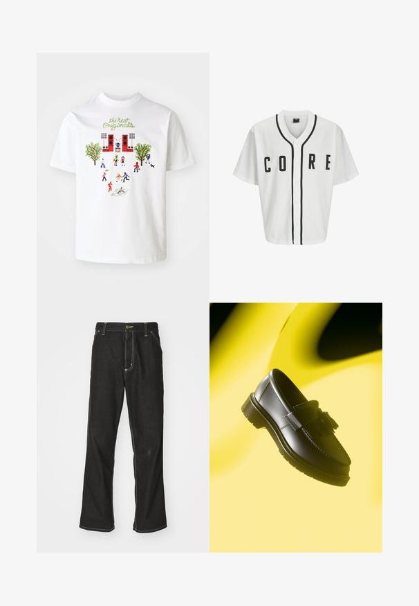 Hvid baseball-stil trøje med korte ærmer, sorte frontknapper og fed "CORE" skrift i sort. Har sorte accentstriber langs kraven.; Hvid bomulds t-shirt med et farverigt grafik af mennesker, træer og en scene, med teksten "the new Originals" i grønt over designet.; Sorte denimjeans med løs pasform, der har kontrasterende hvid syning, en knaplukning og et lige ben-design.; Sorte læder loafers med en dekorativ kvast, der har en syg kant og en tykk, struktureret sål. Sat mod en gul baggrund.