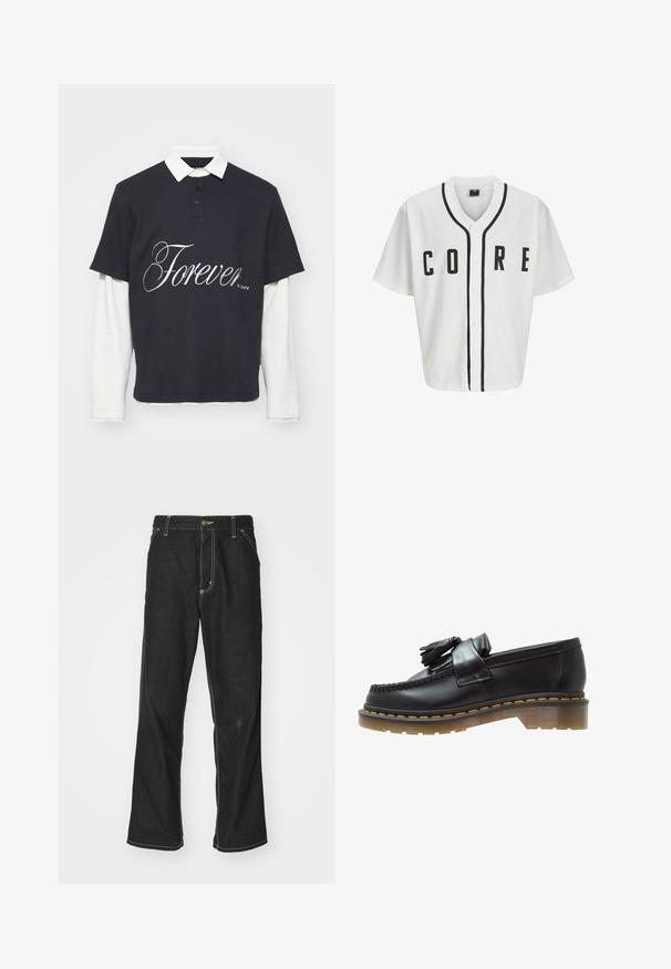 Maglietta in stile baseball bianca con maniche corte, bottoni neri sul davanti e scritta "CORE" in nero in evidenza. Presenta rifiniture in nero lungo il colletto.; Polo corto blu navy con colletto bianco, caratterizzato da una grafica "Forever" in bianco. Lo strato inferiore è a maniche lunghe e bianco.; Jeans in denim nero con una vestibilità ampia, caratterizzati da cuciture bianche a contrasto, chiusura a bottone e un design a gamba dritta.; Mocassini in pelle nera con finitura testurizzata, caratterizzati da un pon-pon decorativo e cuciture gialle a contrasto, su una suola spessa e trasparente.