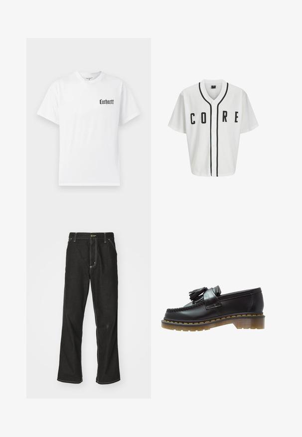 Jersey blanca estilo béisbol con mangas cortas, botones frontales negros y letras en negrita "CORE" en negro. Presenta un ribete negro a lo largo del cuello.; Camiseta de algodón blanca de manga corta, con un logo negro de "Carhartt" en el área del pecho izquierdo en una fuente estilizada.; Jeans de mezclilla negra con un corte holgado, que cuentan con costuras blancas contrastantes, cierre de botón y un diseño de pierna recta.; Mocasines de cuero negro con un acabado texturizado, que presentan un borlas decorativa y una costura amarilla en contraste, sobre una suela gruesa y transparente.